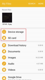 Device storage and SD card option is displayed